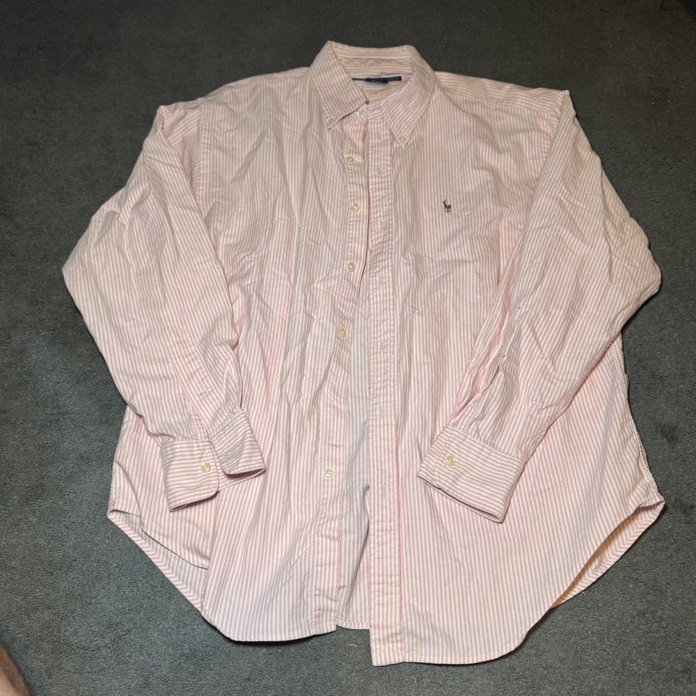 Ralph Lauren Sport Pink White Striped Button Down Shirt Cotton Womens 14